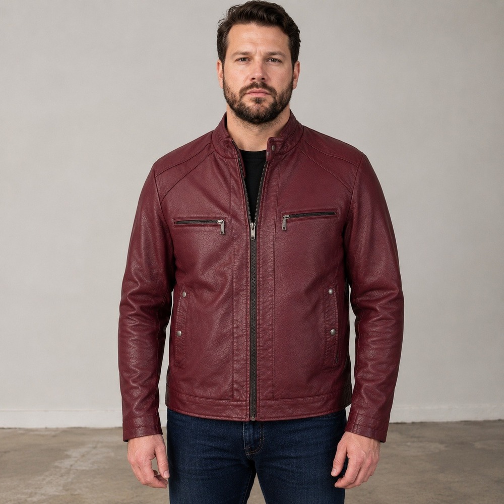 American Breed XL Burgundy Leather Moto Jacket Faux Fur Lined Men's